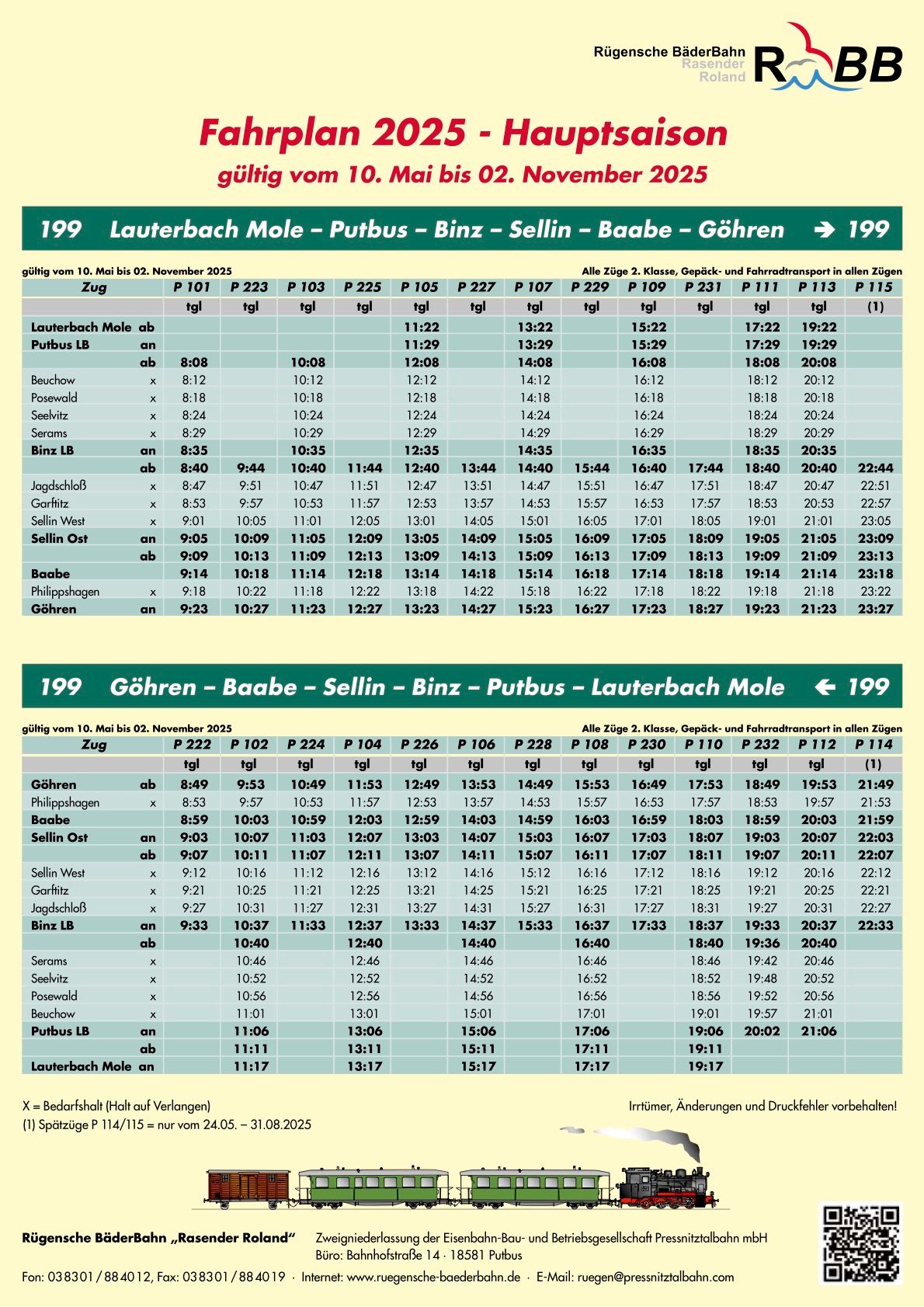 Rasender Roland - Fahrplan